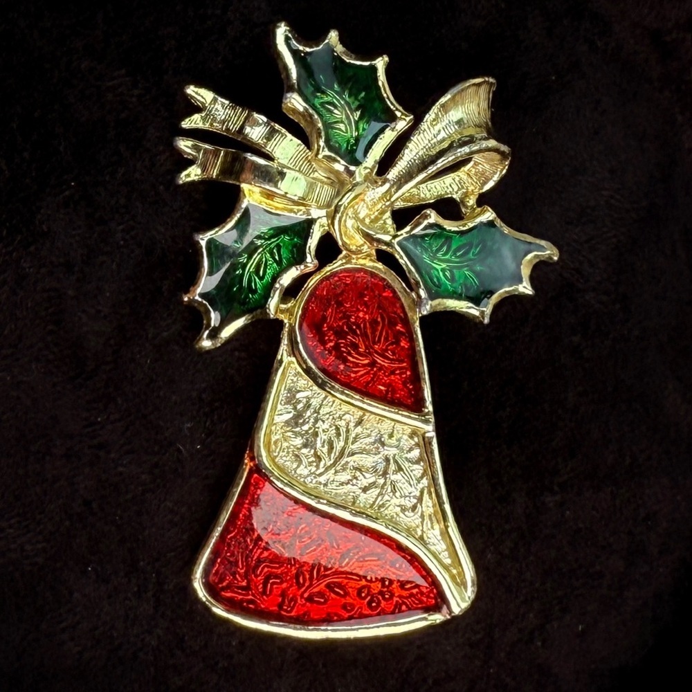 Vintage goldtone, holiday Christmas bell costume, brooch pin